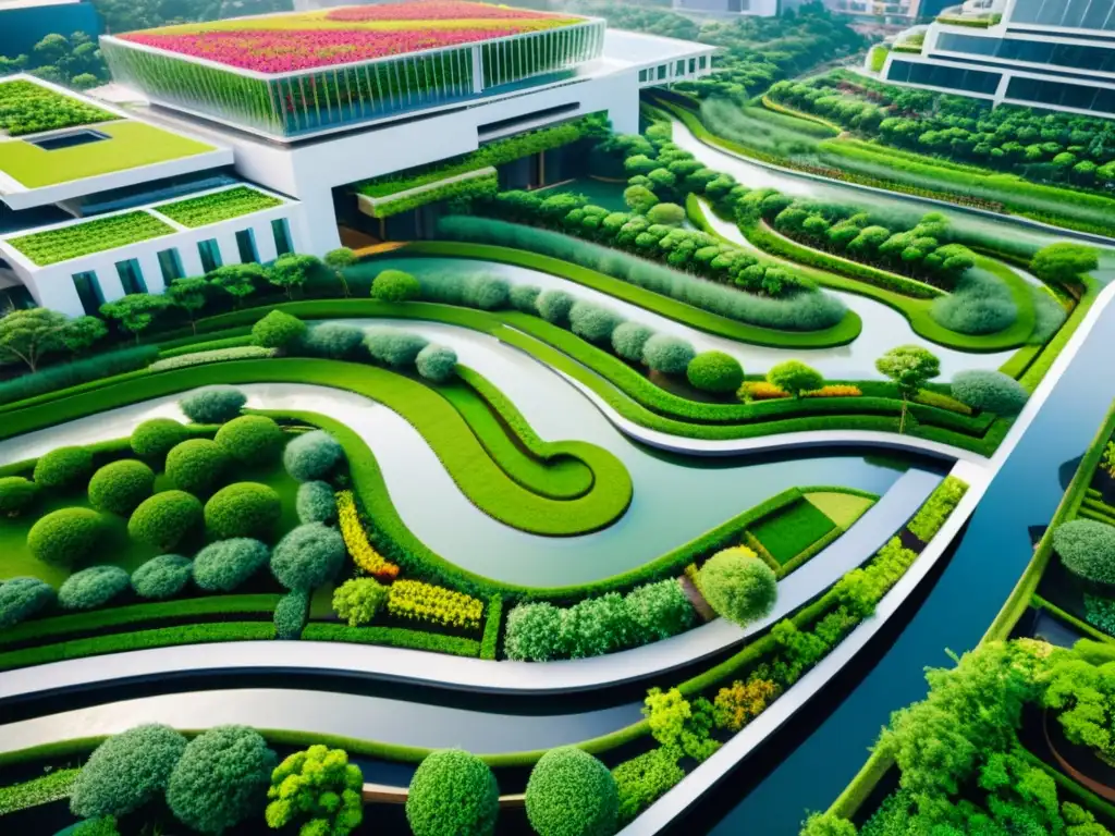 Vista aérea de una ciudad asiática moderna con sistemas de gestión sostenible en el diseño arquitectónico, rodeada de exuberante vegetación y agua