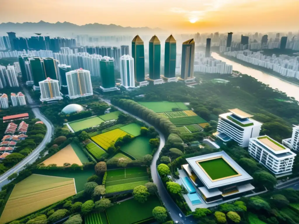 Vista aérea de una ciudad asiática con arquitectura sostenible y un vibrante paisaje urbano, fusionando modernidad y tradición