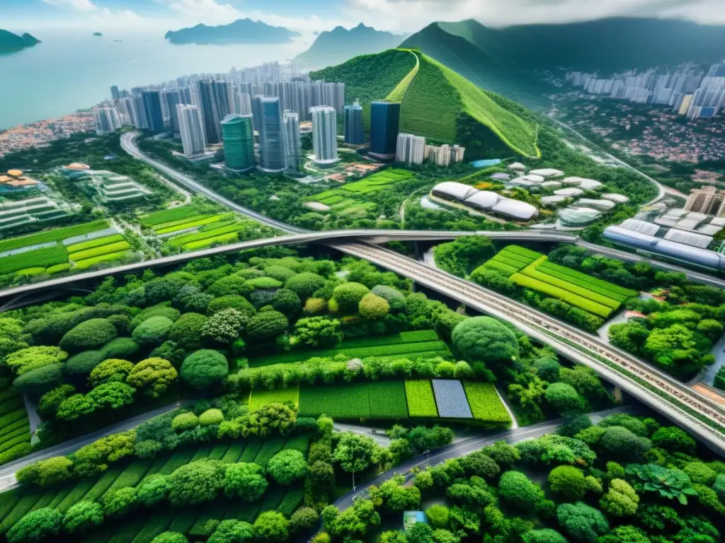 Vista aérea de una ciudad asiática con proyectos urbanos sostenibles, incluyendo espacios verdes, transporte público y arquitectura ecológica