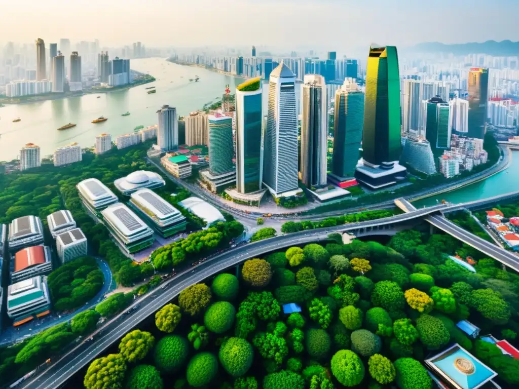 Vista aérea de una ciudad asiática vibrante con rascacielos y mezcla de arquitectura tradicional y moderna