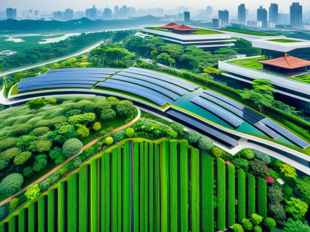 Vista aérea de una ciudad asiática moderna con diseño sostenible y sistemas de gestión innovadores, integrados con vegetación exuberante