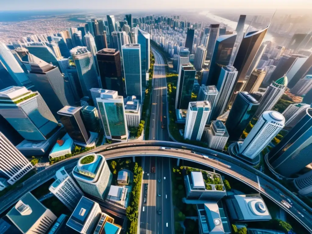 Vista aérea de una ciudad moderna capturada por dron asiático, tecnología asiática democratizando fotografía aérea