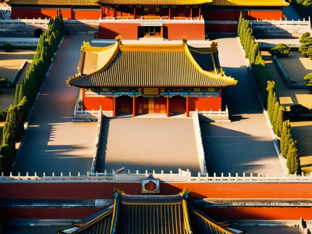 Vista aérea de la Ciudad Prohibida resaltando su significado cultural y arquitectura tradicional china, con techos dorados y muros rojos