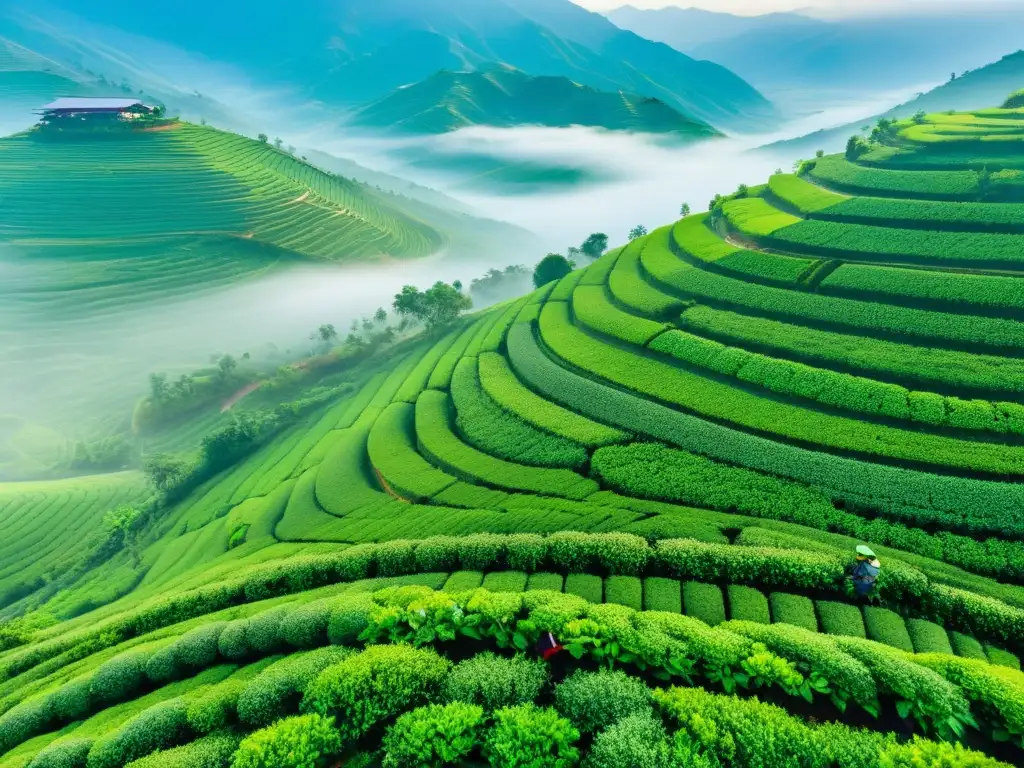 Vista aérea de las colinas de Yunnan con plantaciones de té verde exuberantes