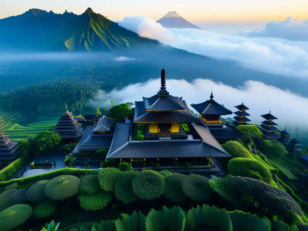 Vista aérea del complejo del Templo Besakih en Bali, con sus pagodas y esculturas de piedra en medio de un paisaje exuberante