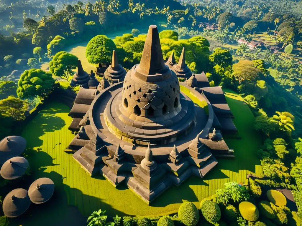 Vista aérea del complejo del templo de Borobudur en Indonesia, destacando las esculturas de piedra y la exuberante vegetación