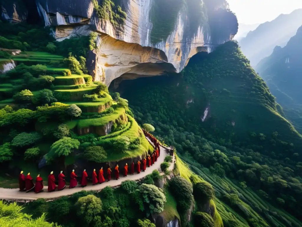 Vista aérea de las Cuevas Sagradas y monjes en Asia, entre montañas escarpadas y paisaje natural impresionante