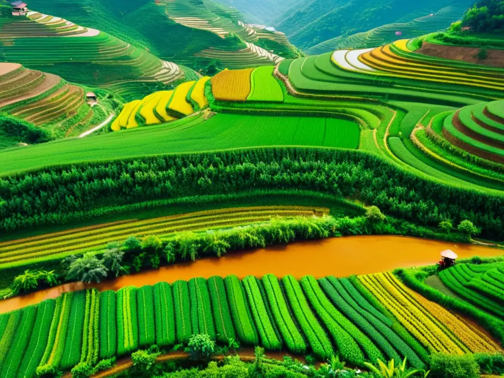 Vista aérea de cultivo en terrazas, campesinos de China trabajando con métodos tradicionales en una escena tranquila y atemporal