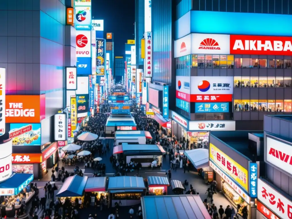 Vista aérea de Akihabara, Tokio, con neón, rascacielos y cultura pop asiática