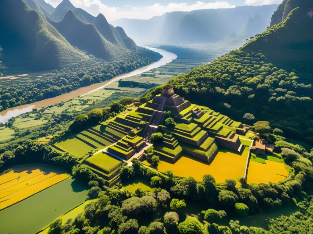 Vista aérea detallada de las antiguas ruinas en el Valle del Indo, destacando la compleja estructura del sitio arqueológico y la exuberante vegetación