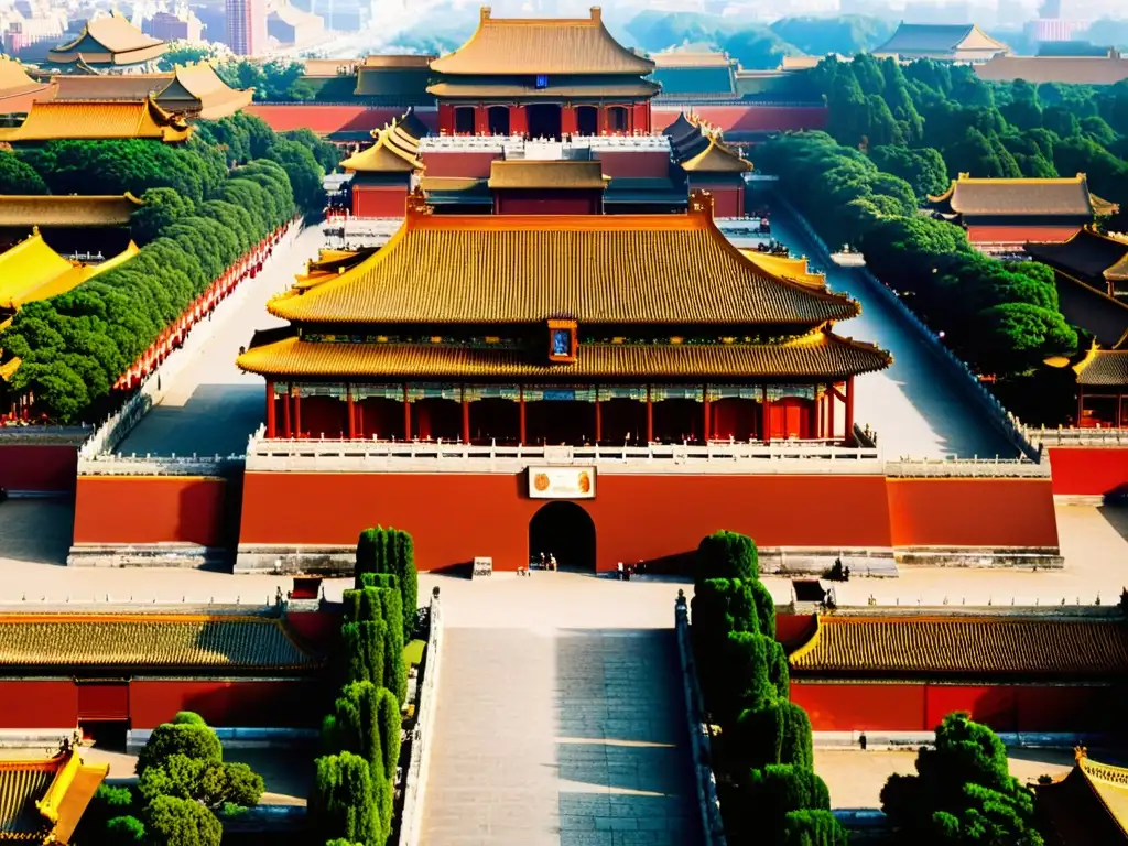 Vista aérea detallada de la majestuosa Ciudad Prohibida en Beijing, con sus lujosos colores rojos y dorados, rodeada de exuberantes jardines