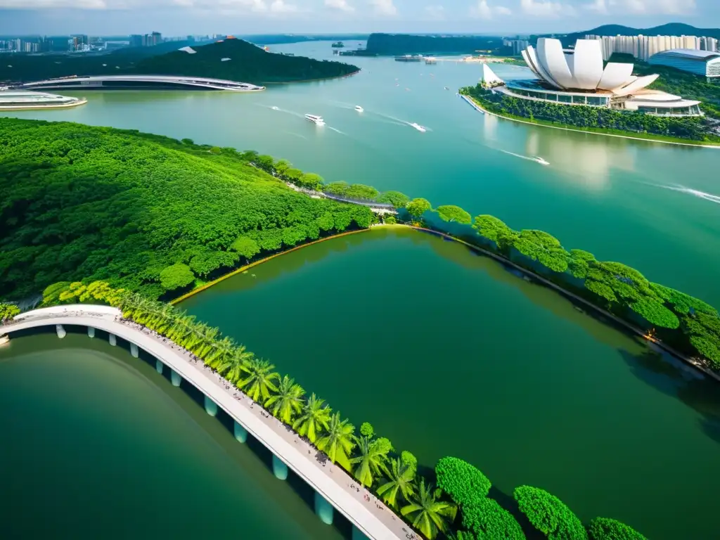 Vista aérea del icónico Marina Bay Sands en Singapur, con diseño sostenible y arquitectura moderna