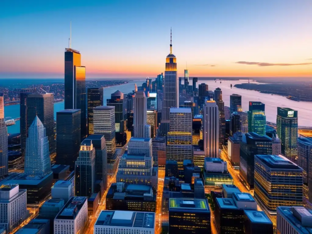 Vista aérea de un distrito financiero con rascacielos iluminados al amanecer, reflejando la energía de los mercados financieros