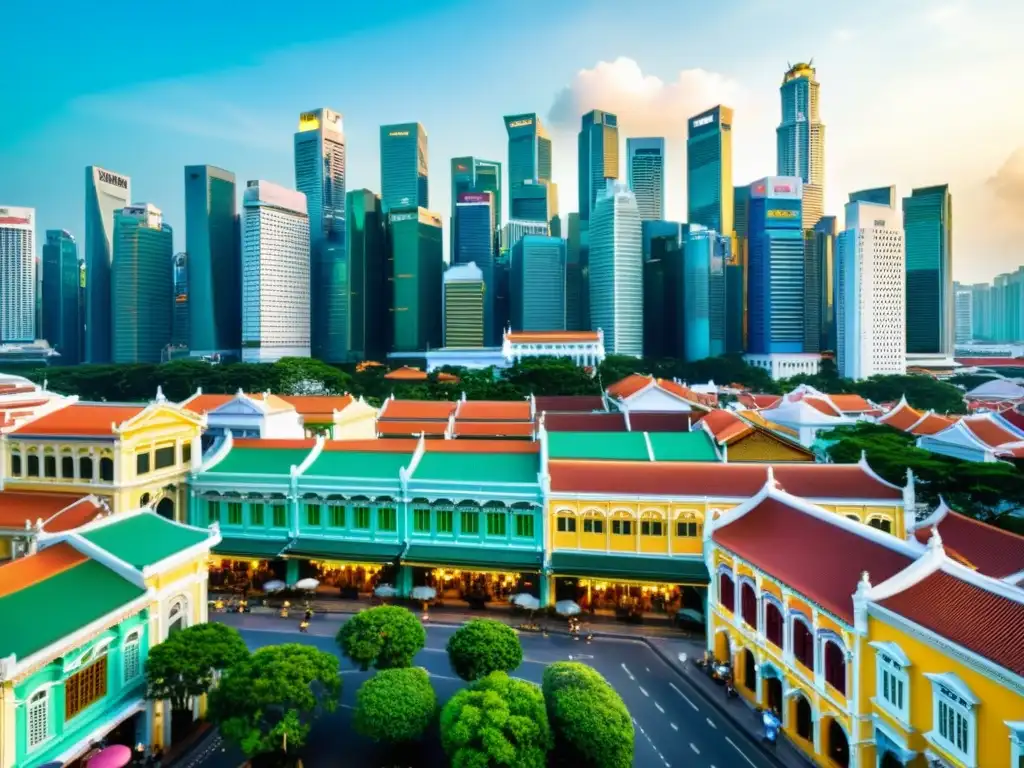 Vista aérea del distrito histórico de Singapur con sus coloridas shophouses