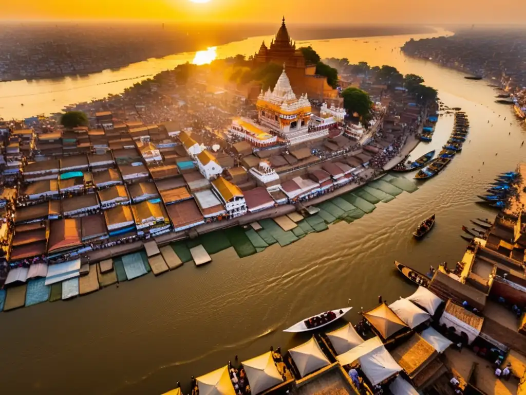 Vista aérea documental de Varanasi, India, con el río Ganges al atardecer y rituales religiosos en los ghats