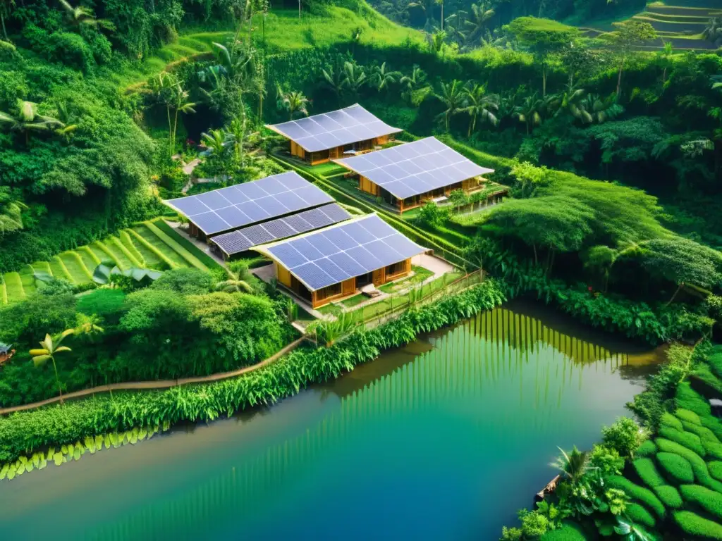 Vista aérea de ecovilla sostenible en Bali con arquitectura sostenible integrada en la exuberante vegetación