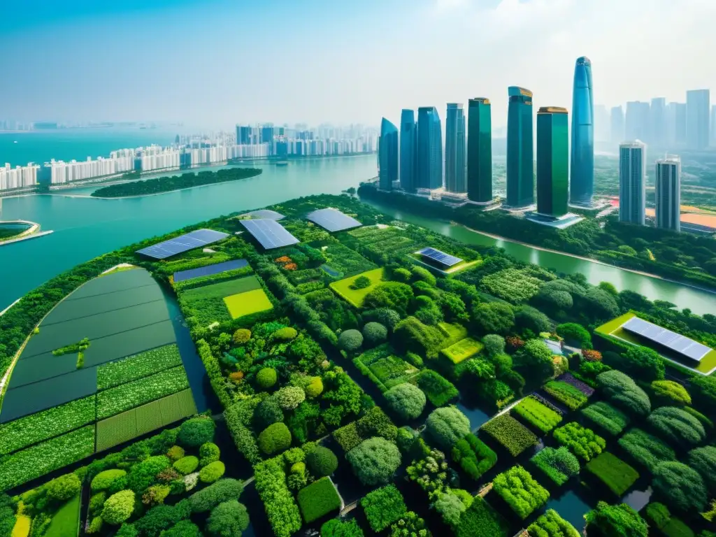 Vista aérea de edificaciones sostenibles asiáticas con tecnología verde integrada en armonía con la naturaleza