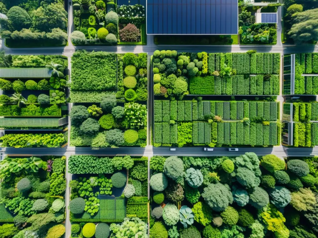 Vista aérea de edificaciones sostenibles asiáticas con tecnología verde y jardines verticales, integradas en el paisaje urbano vibrante