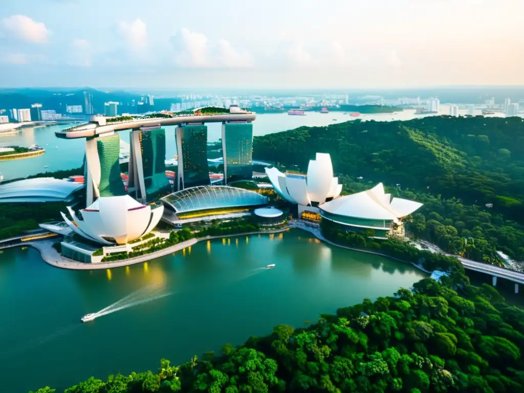 Vista aérea de Singapur con edificios asiáticos certificados verdes y Marina Bay Sands, destacando su arquitectura futurista y diseño sostenible