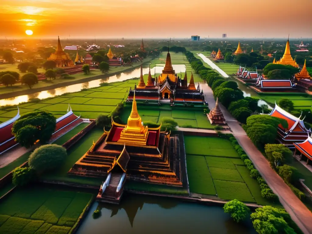 Vista aérea espectacular de la antigua ciudad de Ayutthaya, resplandeciendo bajo el atardecer