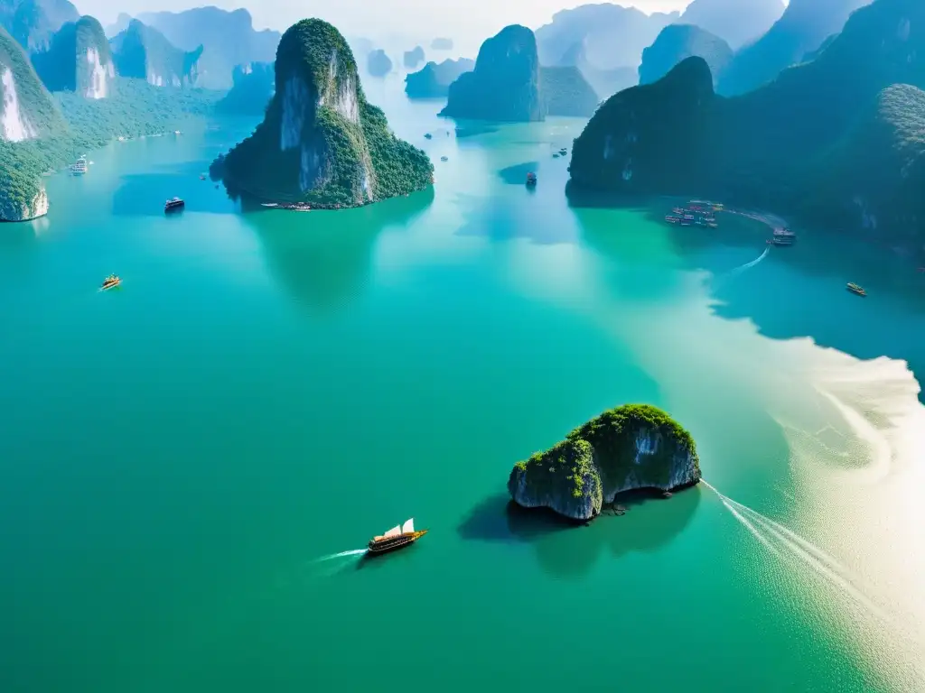 Vista aérea de la espectacular Bahía de Halong en Vietnam, con cruceros privados navegando entre las majestuosas islas de piedra caliza