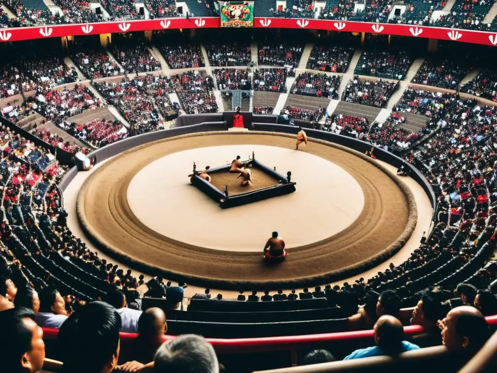 Vista aérea de un estadio lleno durante un emocionante combate de lucha sumo, destacando la intensidad y emoción de los luchadores