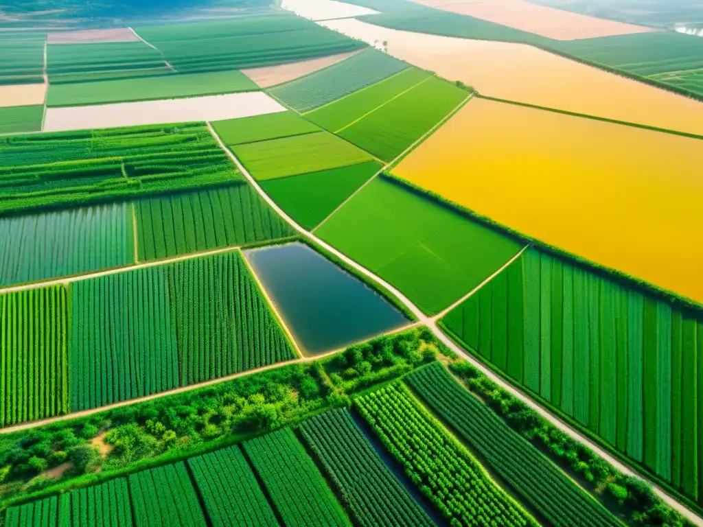 Vista aérea de estanques en la agricultura oriental, con campos verdes y trabajadores en un paisaje sereno y productivo