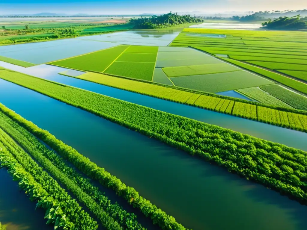 Vista aérea de estanques en la agricultura oriental, reflejando el cielo azul en un paisaje rural exuberante y laborioso