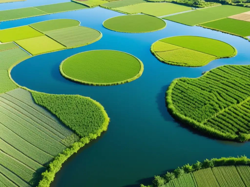 Vista aérea de estanques en la agricultura oriental, reflejando la exuberante vegetación y cielo azul