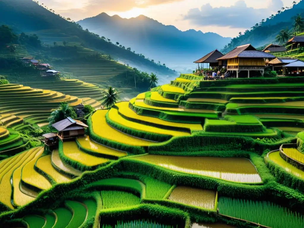 Vista aérea de estructuras comunitarias en el sudeste asiático, con terrazas de arroz y actividades tradicionales al atardecer