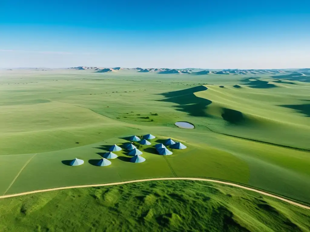 Vastas praderas de Mongolia Interior: Tribu nómada y yurtas Vista aérea de las extensas praderas de Mongolia Interior, con yurtas y caballos