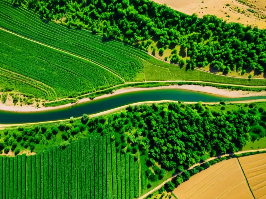 Vista aérea de exuberante paisaje del Valle del Indo, mostrando la coexistencia de asentamientos humanos, actividades agrícolas y hábitats naturales, resaltando el significado simbólico de animales en Valle del Indo