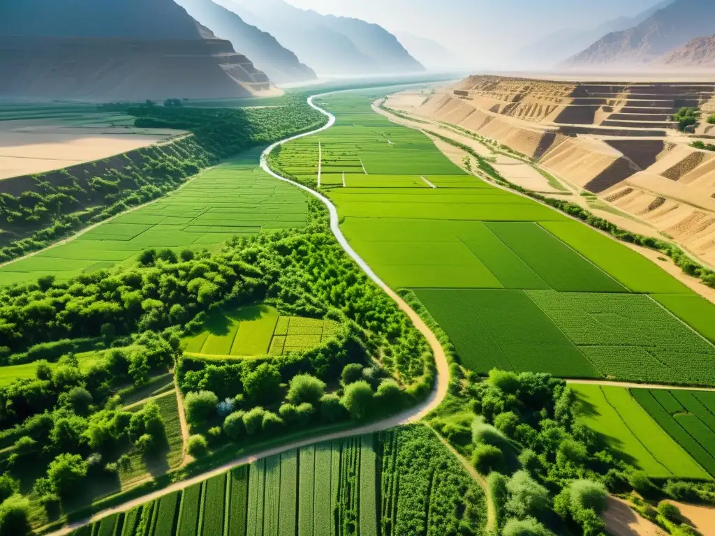 Vista aérea del exuberante Valle del Indo, con el río serpenteando entre antiguas ruinas y campos verdes