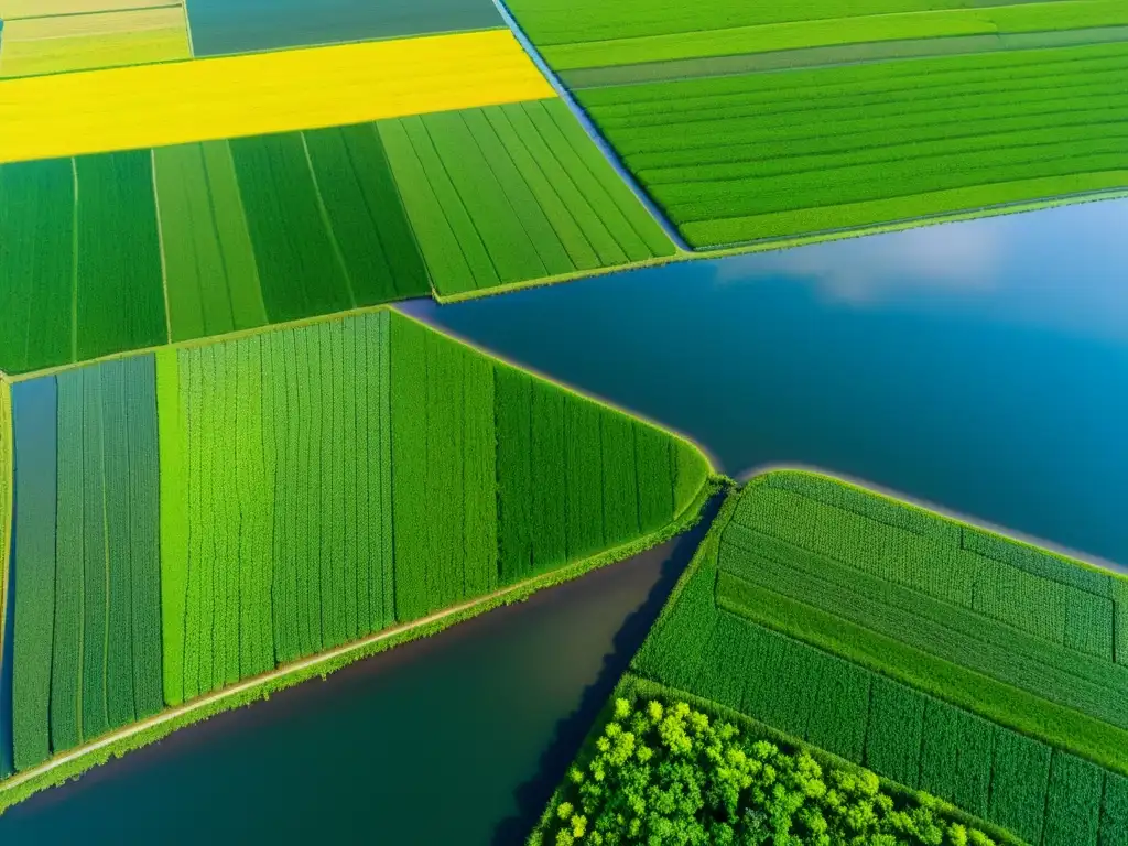 Vista aérea de exuberantes arrozales en el Delta del Mekong, destacando el calendario agrícola tradicional asiático con métodos de cultivo centenarios