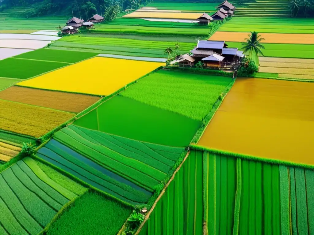 Vista aérea de exuberantes arrozales y granjas en la agroindustria asiática