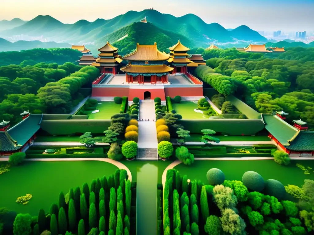 Vista aérea de los exuberantes Jardines Imperiales de Beijing, con lagos serenos y arquitectura majestuosa