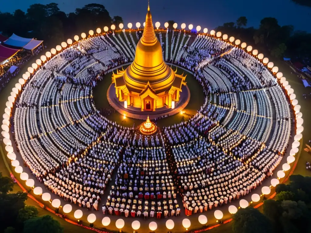 Vista aérea del Festival budista Makha Bucha Tailandia con monjes y devotos alrededor de un santuario, iluminados por la luz de la superluna y velas