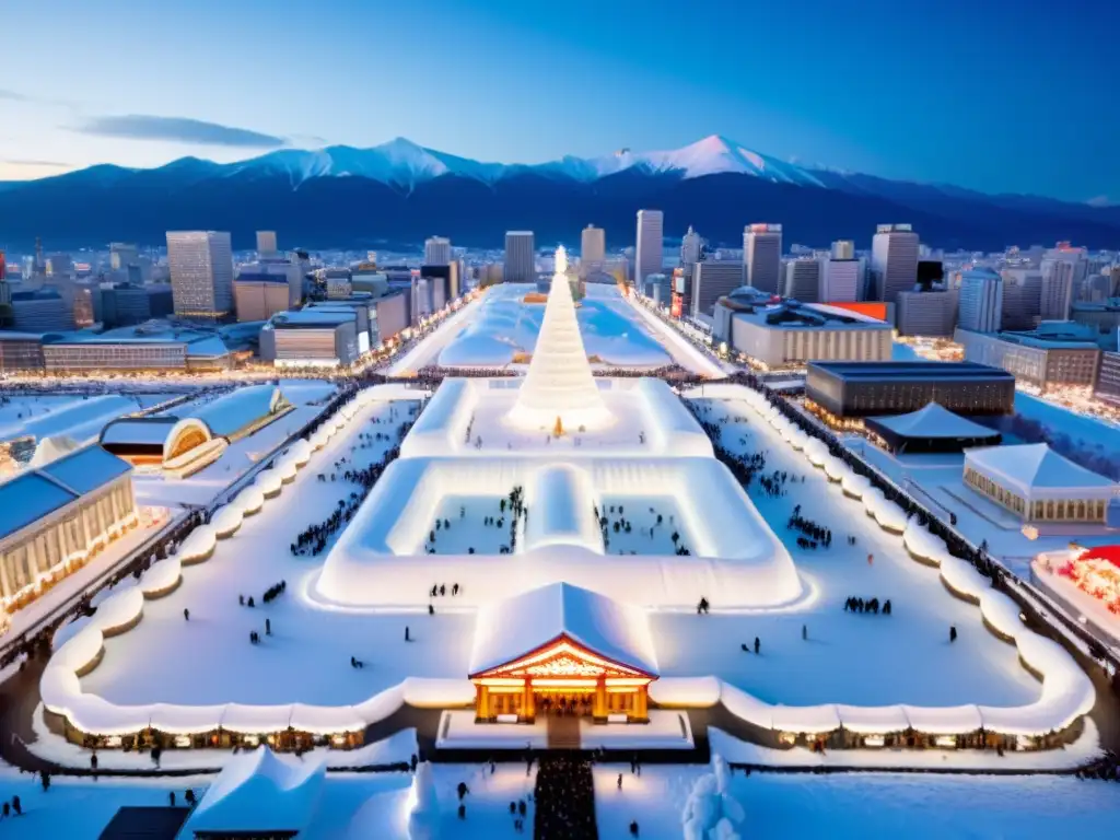 Vista aérea del Festival de la Nieve Sapporo con esculturas de hielo, multitud y luces vibrantes al atardecer, rodeado de la ciudad y montañas nevadas