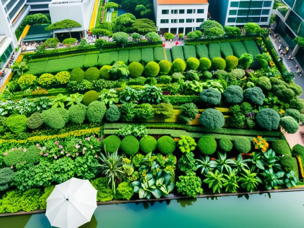 Vista aérea de Singapur con jardines y granjas en alturas asiáticas, contraste entre la jungla urbana y la exuberante vegetación