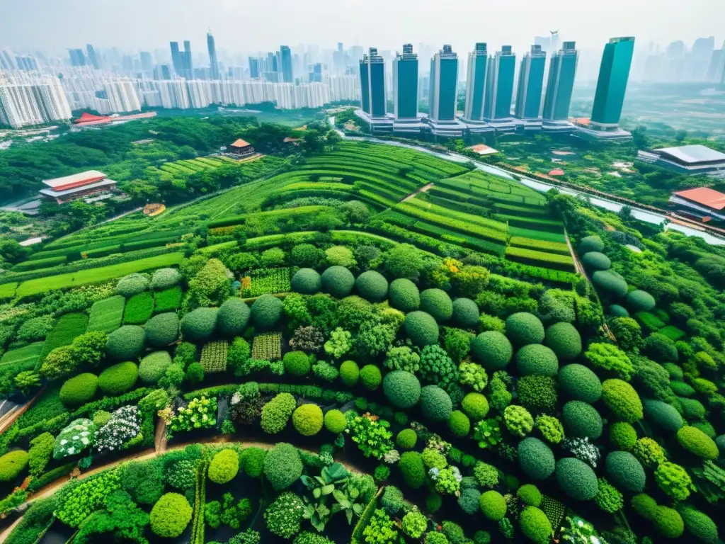 Vista aérea de jardines y granjas en alturas asiáticas, integrando naturaleza en el paisaje urbano con armonía y sostenibilidad