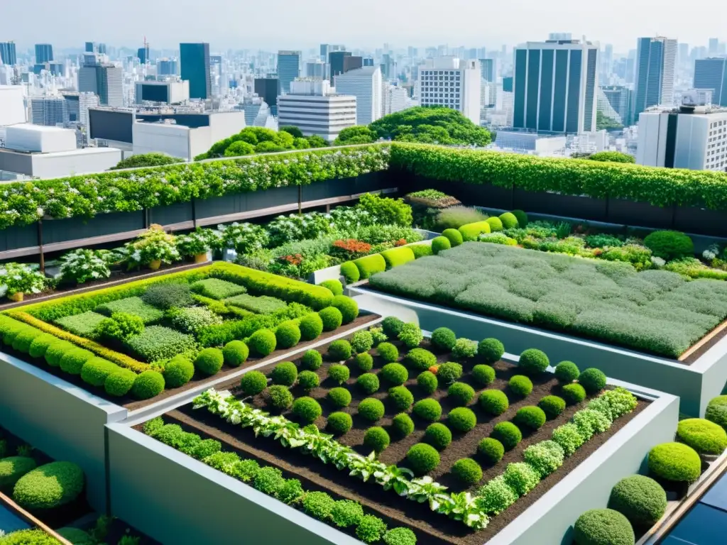 Vista aérea de jardines y granjas en alturas asiáticas, entre arquitectura japonesa y rascacielos modernos en Tokyo