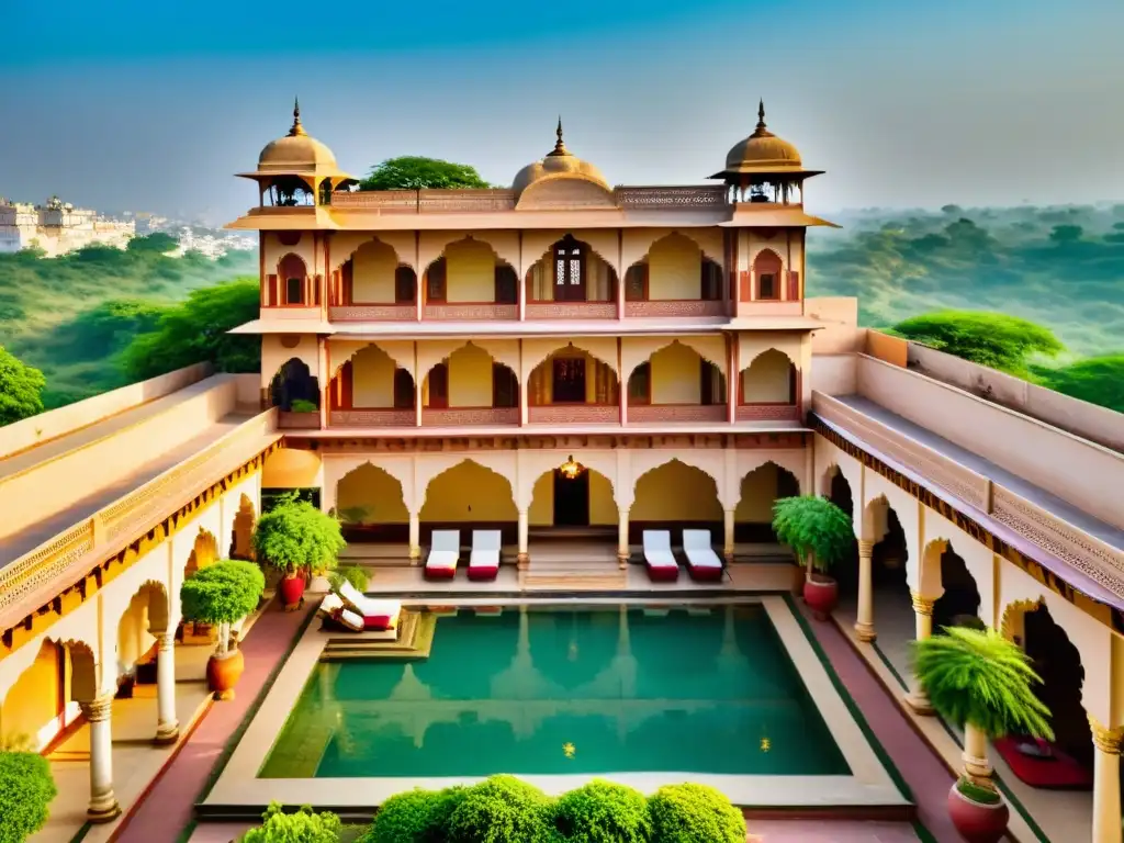 Vista aérea de un Haveli convertido en hotel de lujo en la India, con arquitectura y decoración tradicional Rajasthani