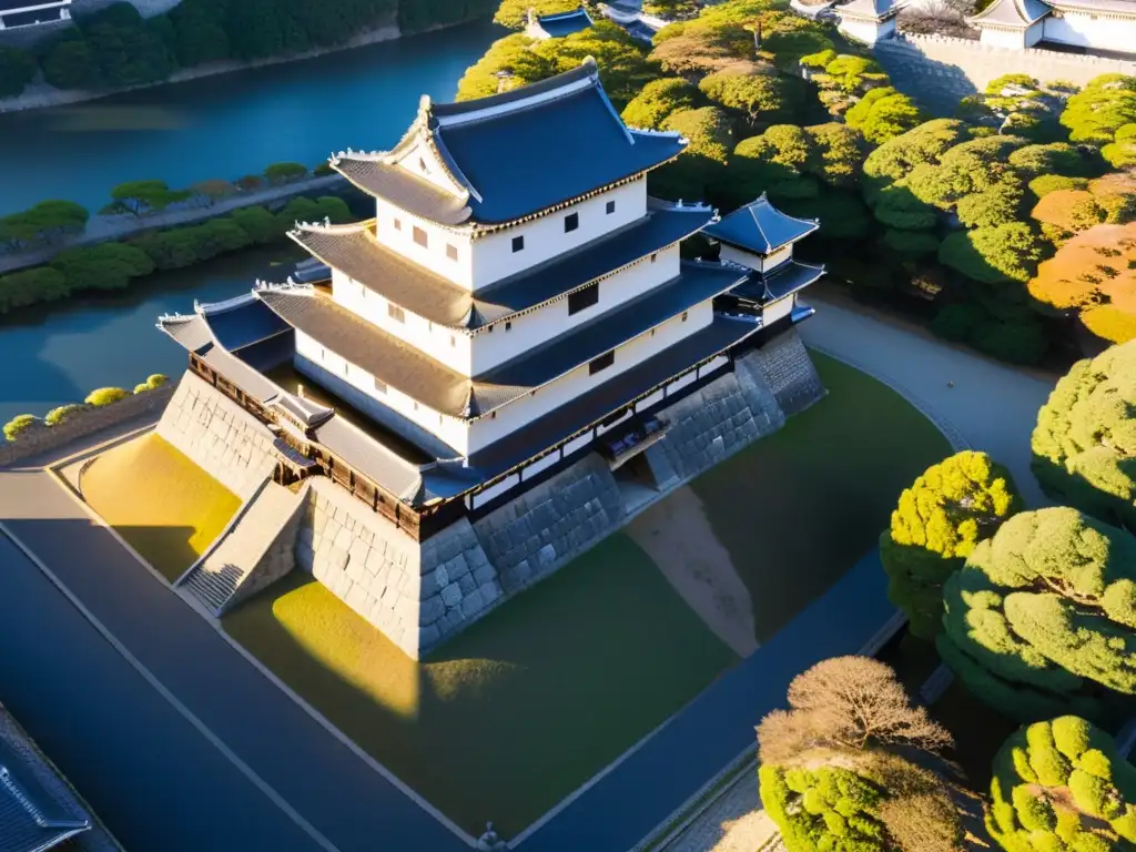 Vista aérea del Castillo Himeji resaltando sus estrategias defensivas en castillos japoneses