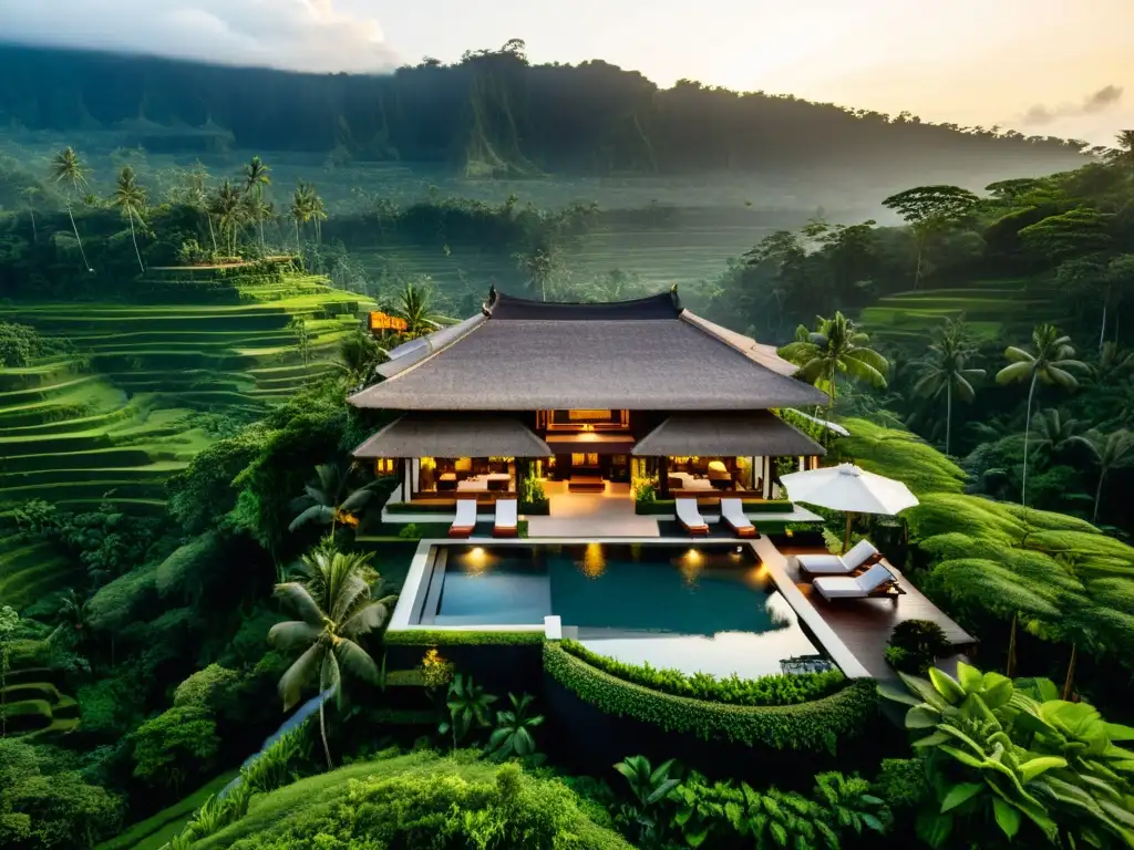 Vista aérea de hotel boutique en templos de Bali, con villas y piscinas infinity entre exuberante vegetación y templos