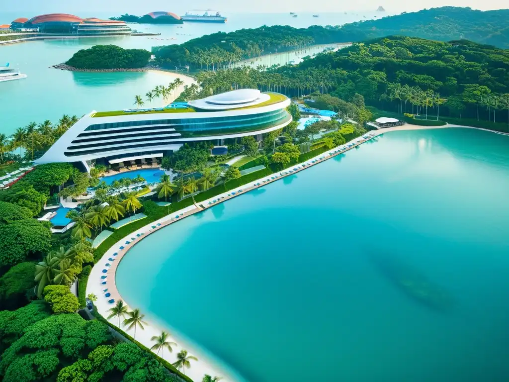 Vista aérea del hotel W Singapore Sentosa Cove, un oasis urbano de lujo en Singapur, rodeado de exuberante vegetación y aguas cristalinas