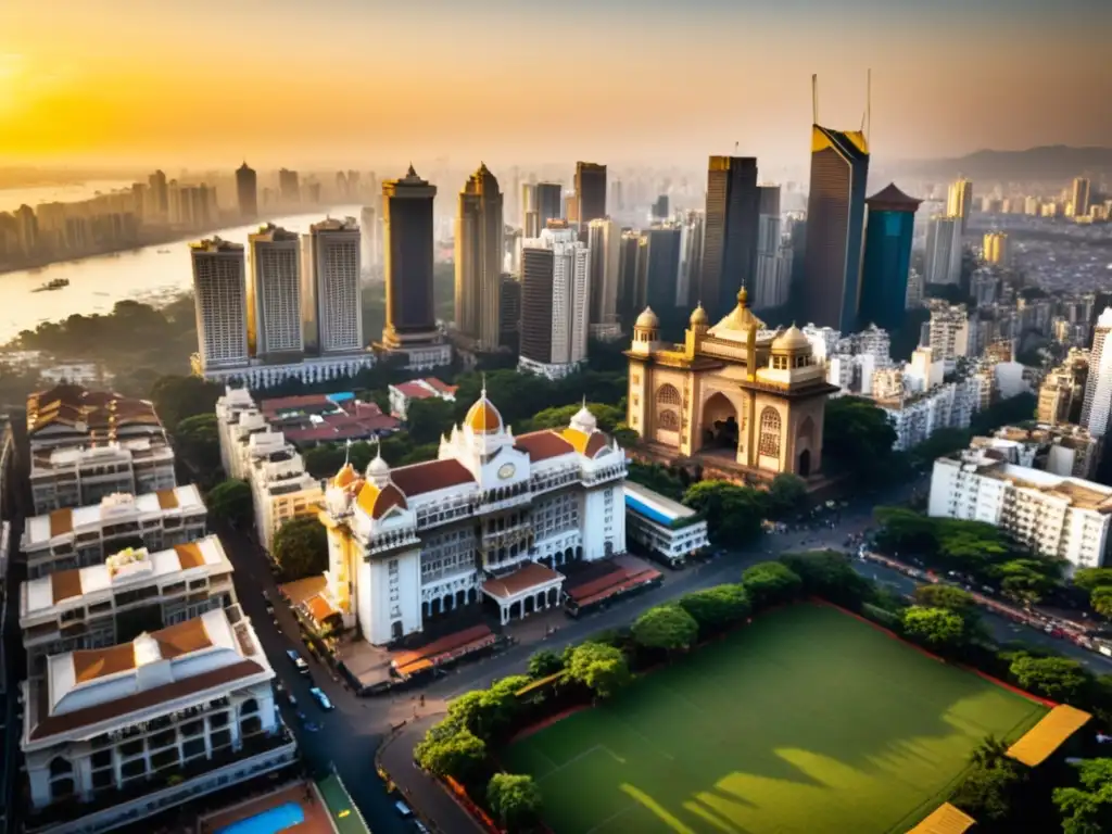 Vista aérea de los hoteles de lujo en Mumbai, bañados por la cálida luz dorada del atardecer entre modernos rascacielos y edificios históricos