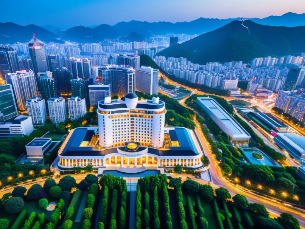 Vista aérea de hoteles de lujo en Seúl, con moderna arquitectura, luces de la ciudad y exuberantes jardines