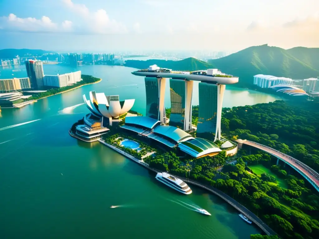 Vista aérea del icónico hotel Marina Bay Sands en Singapur, rodeado de rascacielos y exuberante vegetación