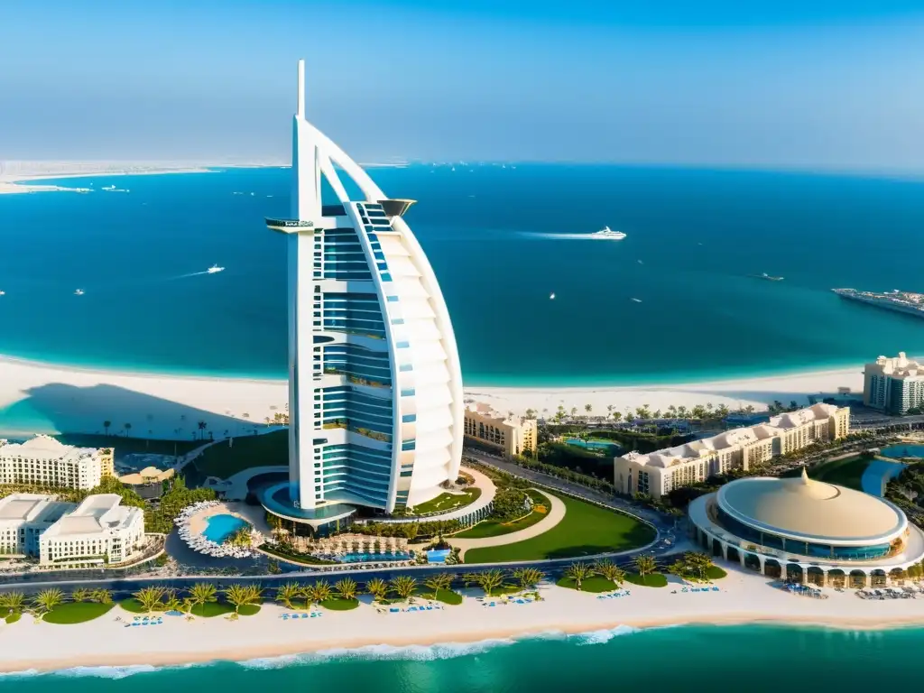 Vista aérea del icónico hotel Burj Al Arab en Dubái, reflejando su majestuosa estructura en contraste con el resplandeciente horizonte de la ciudad