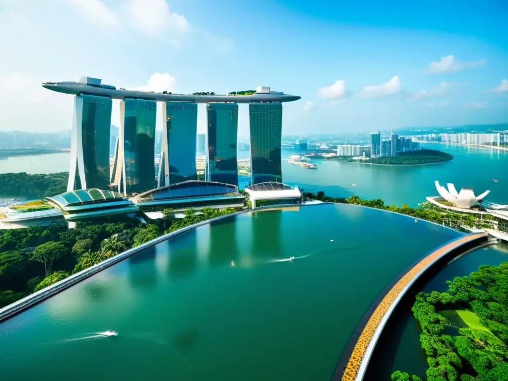 Vista aérea del icónico hotel Marina Bay Sands en Singapur, con su diseño sostenible y jardines integrados, incluyendo la piscina infinita